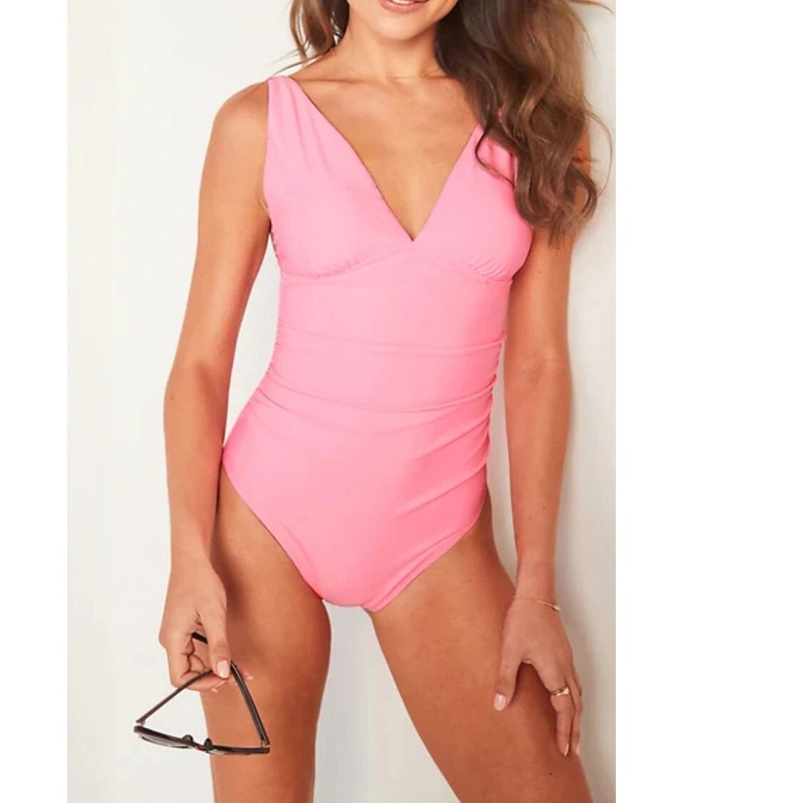 Old Navy Ruched Deep V-Neck One-Piece Swimsuit Pink Edge Neon Medium