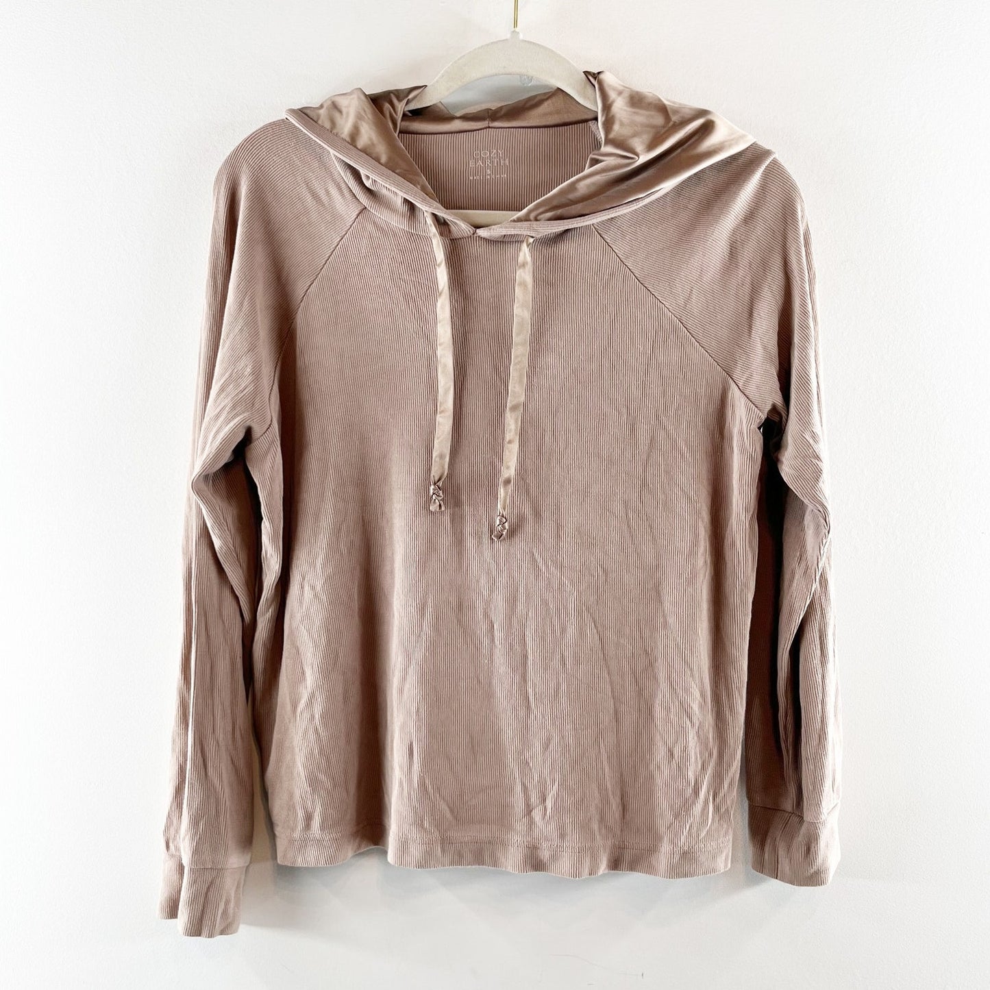 Cozy Earth Ribbed Long Sleeve Pullover Hoodie Satin Hood Tan Brown Small