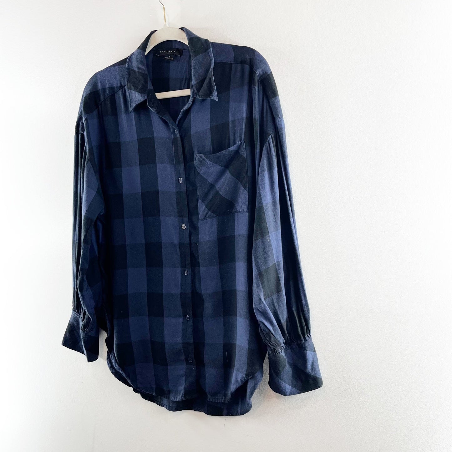 Sanctuary Buffalo Check Dropped Shoulder Tunic Button-Up Shirt Blue Small