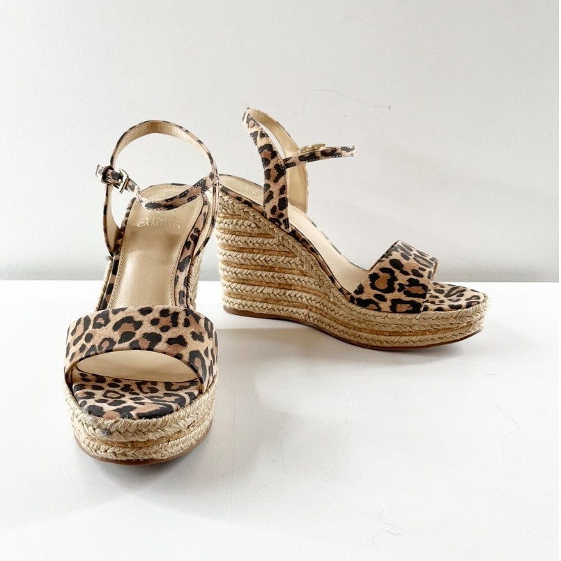 Vince Camuto Marybell Leopard Suede Platform Wedge Sandals Natural Beige 7
