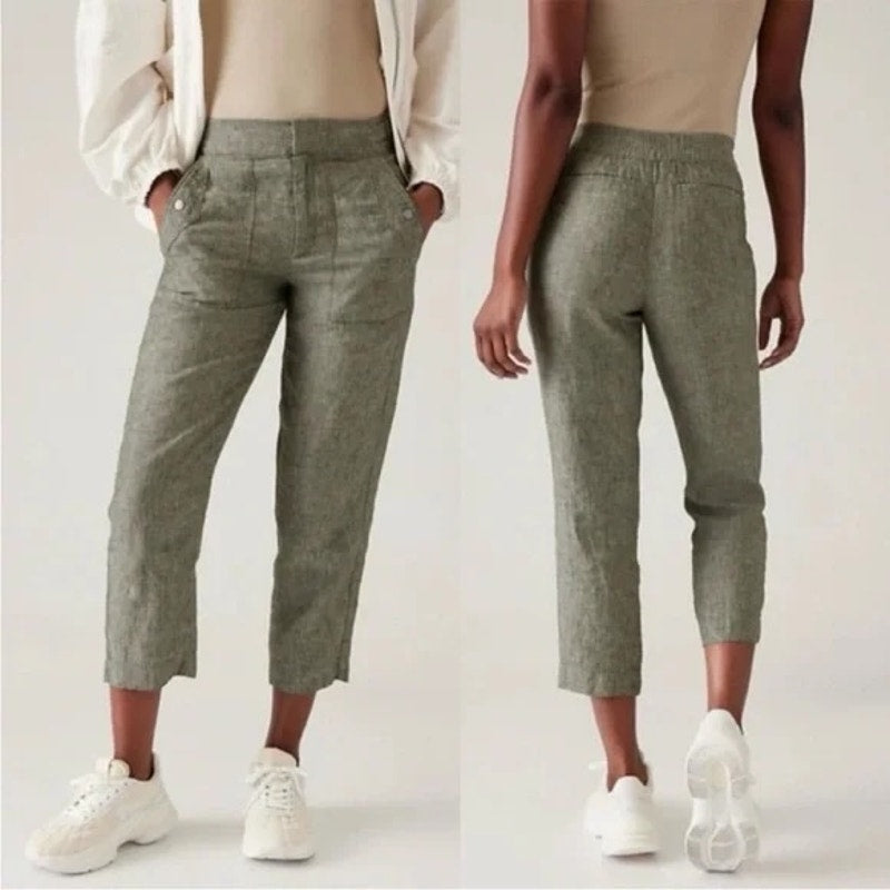 Athleta Voyager High Rise Cropped Linen Straight Leg Pants Green 2