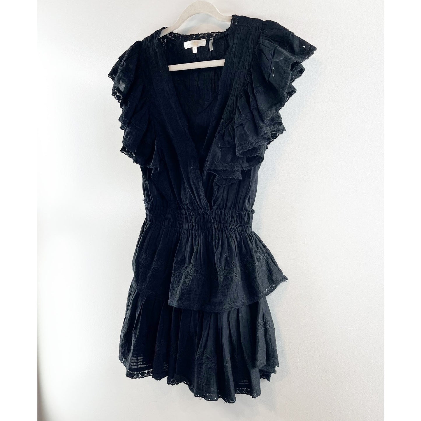 LoveShackFancy Gwen Heritage Ruffle Lace Mini Dress Black XS