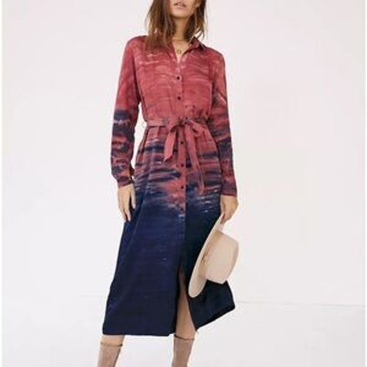 Cloth & Stone Claudia Tie Dye Long Sleeve Maxi Shirtdress Red Blue Medium