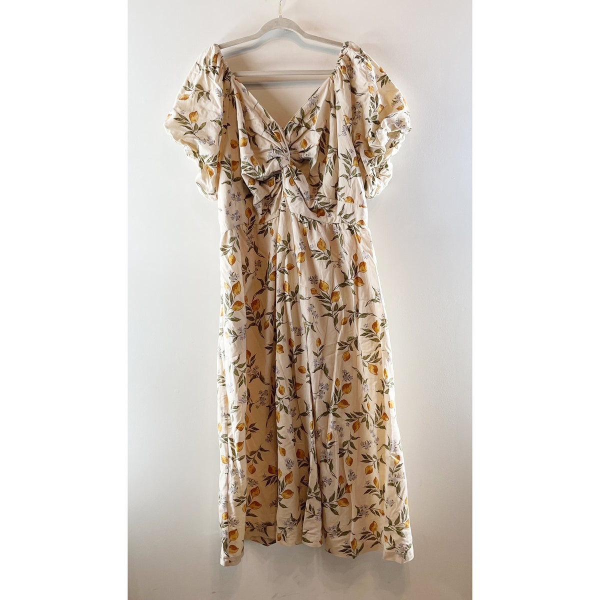 LEA Lemon Print Puff Sleeve Twist Front Smocked Maxi Dress Beige Yellow 2X