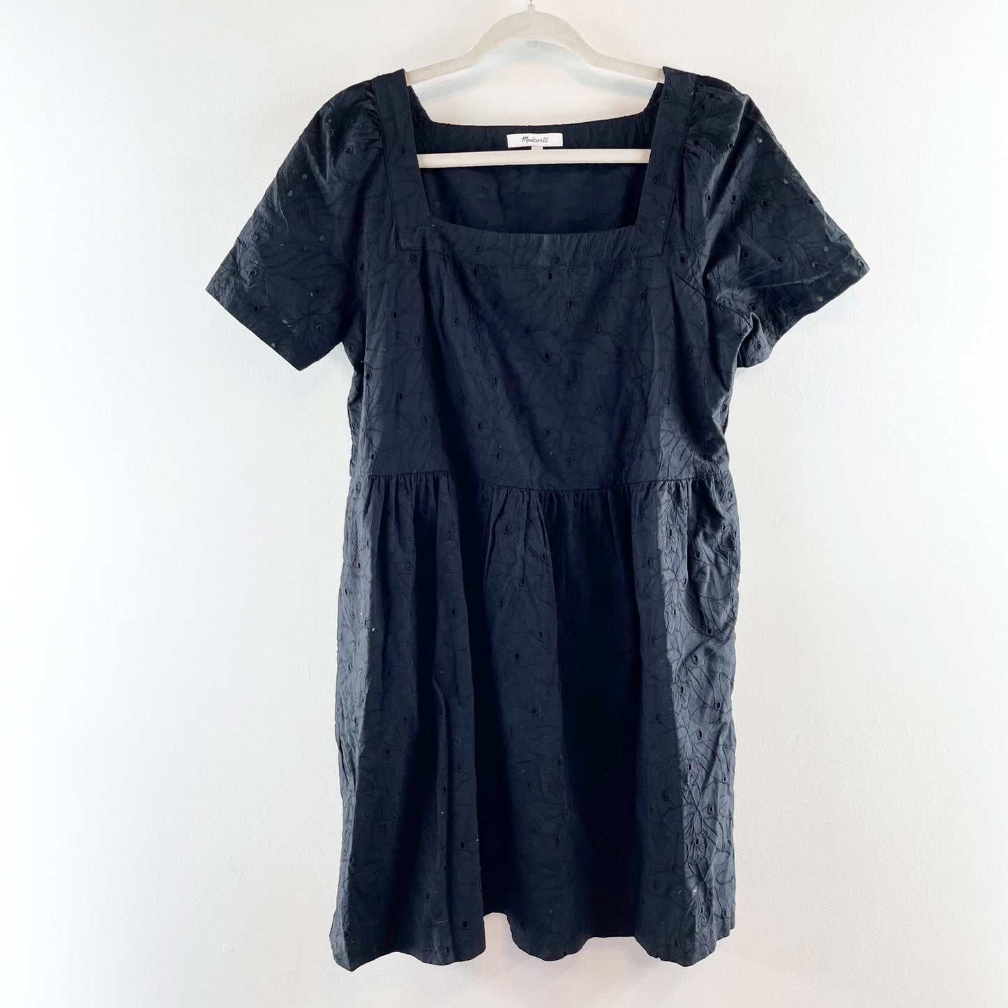 Madewell Allie Square Neck Short Sleeve Cotton Eyelet Mini Dress Black Medium