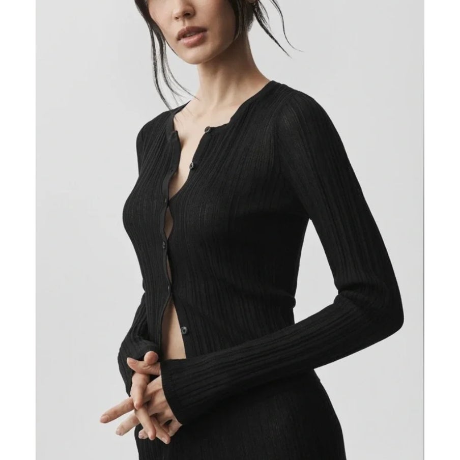 Alo Yoga Sunlit Long Sleeve Buttoned Semi-Sheer Knit Cardigan Sweater Black XS