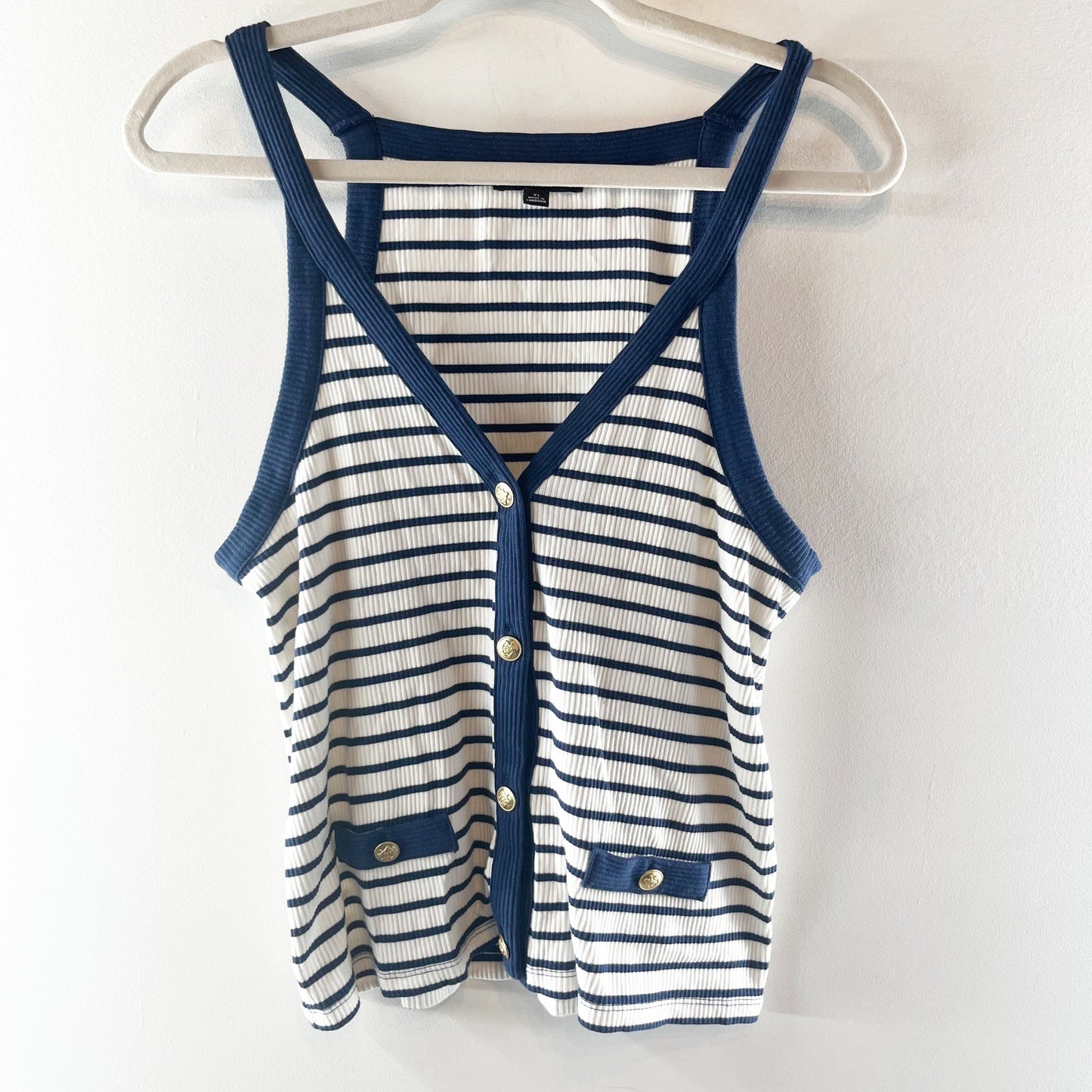 J. Crew Cotton Blend Striped Sleeveless Ribbed Tank Top White Blue XL