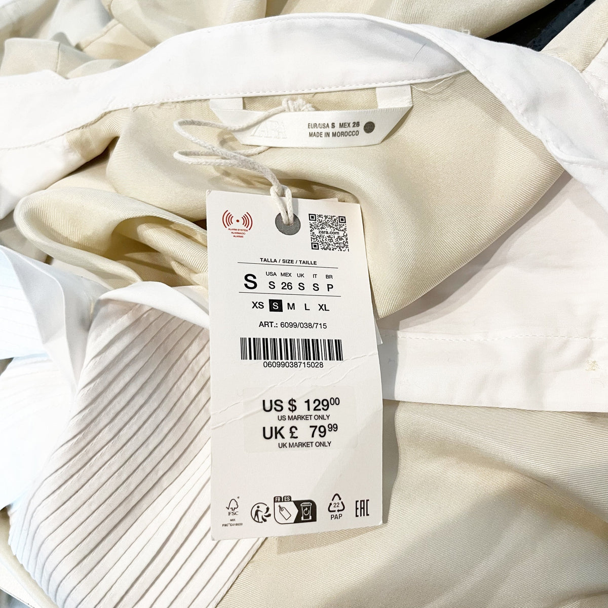 ZARA Silk Long Sleeve Bib Button Down Blouse Shirt Champagne Tan White Small