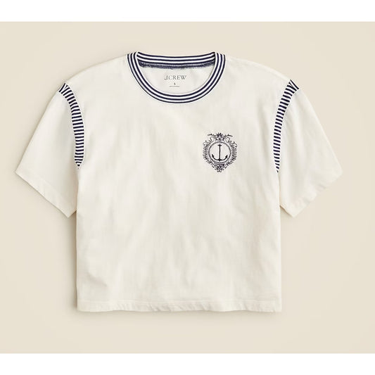 J. Crew Anchor Crest Short Sleeve T Shirt with Striped Trim Cream White XL