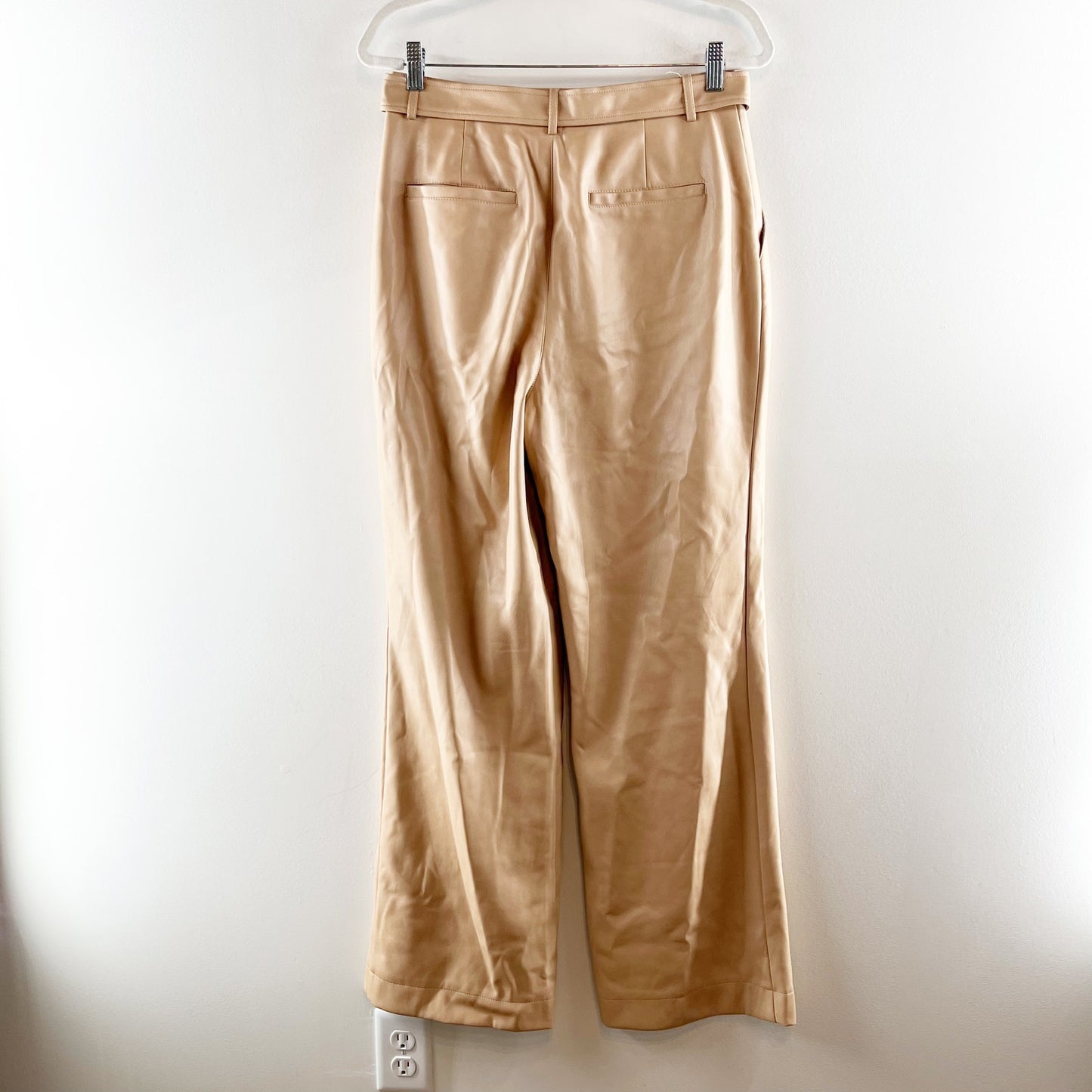7 For All Mankind Coated Faux Leather Pleated Belted High Waist Pants Tan Medium