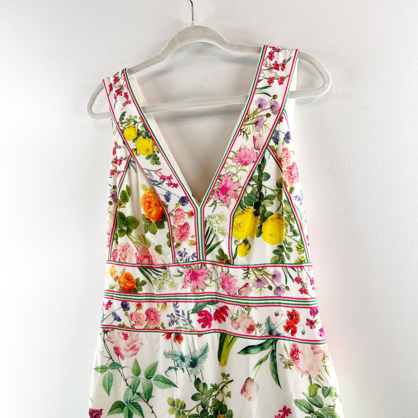 Tadashi Shoji V Neck Pleated Hem Floral Olga Dress White 10