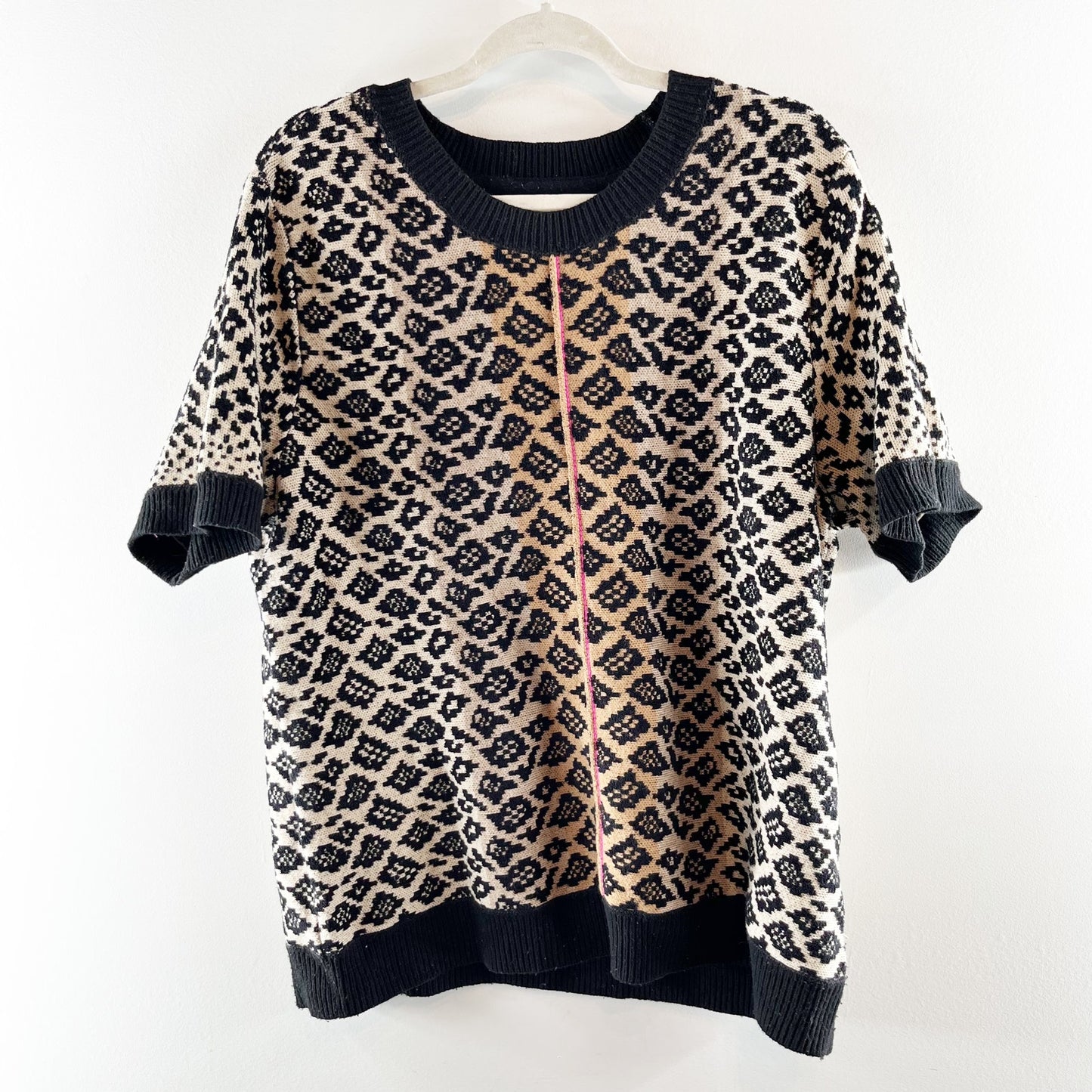 Anthropologie Maeve Ellinor Short Sleeve Leopard Sweater Brown Black XL