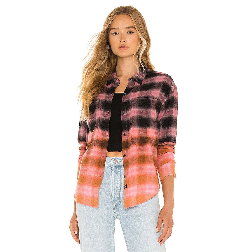 Rails Tierra Plaid Long Sleeve Button-Front Shirt In Pink Orange Dip Dye Small