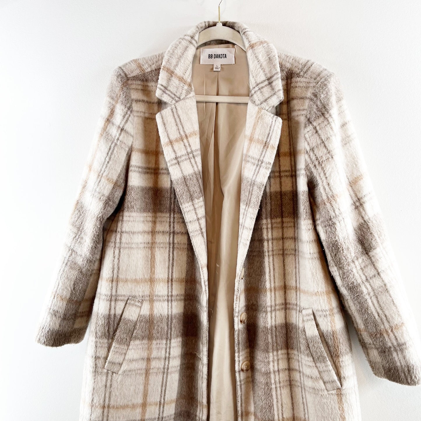 BB Dakota Plaid To Be Said Long Sleeve Notch Lapel Overcoat Peacoat Tan Large