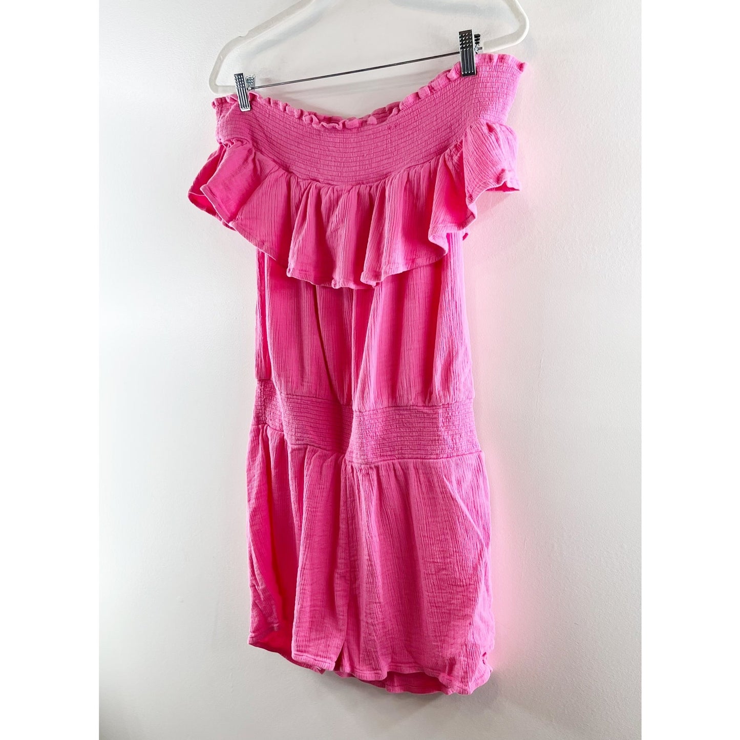 Vineyard Vines Off The Shoulder Ruffle Cotton Gauze Romper Pink Large