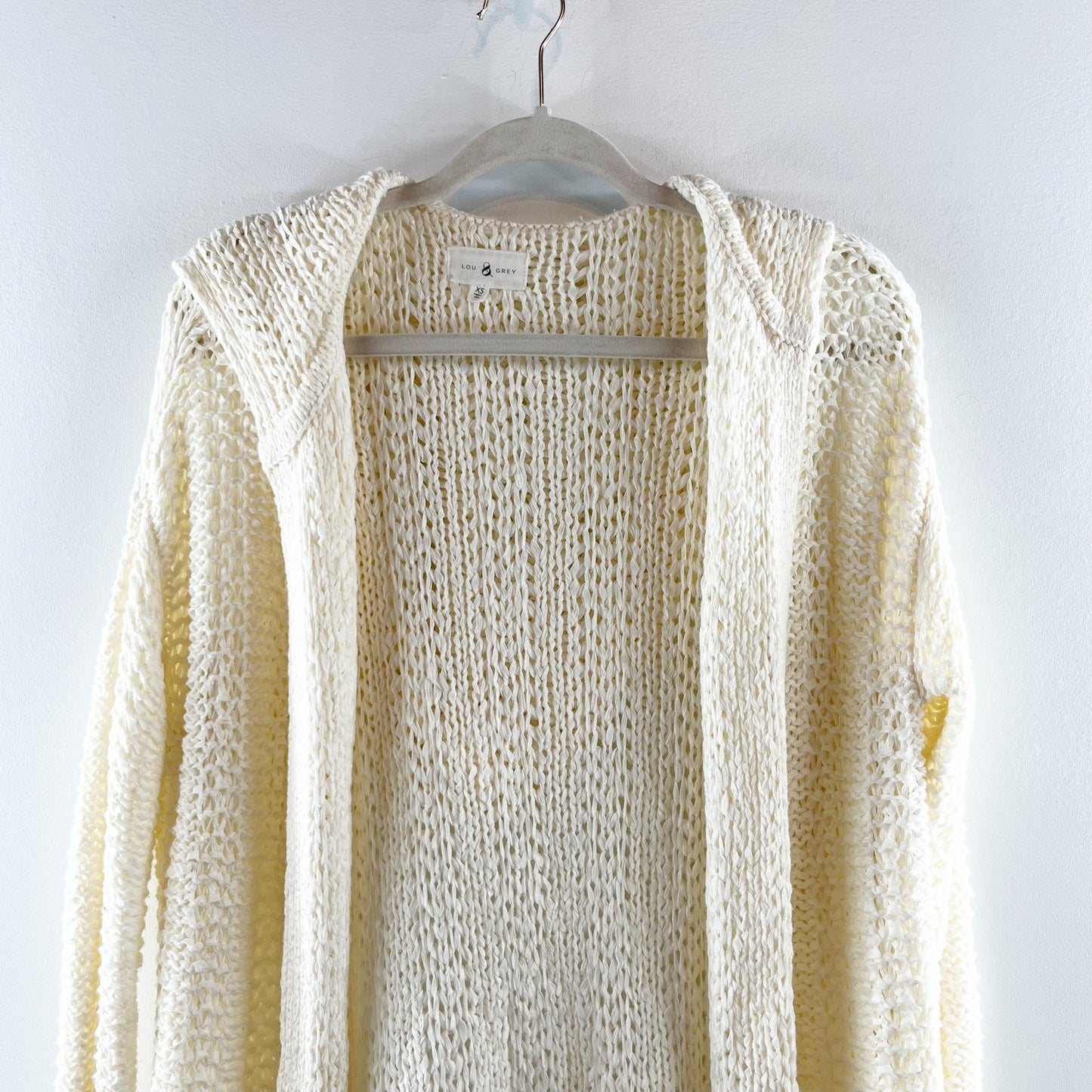 Lou & Gray Long Sleeve Crochet Knit Hooded Duster Cardigan Sweater Cream XS
