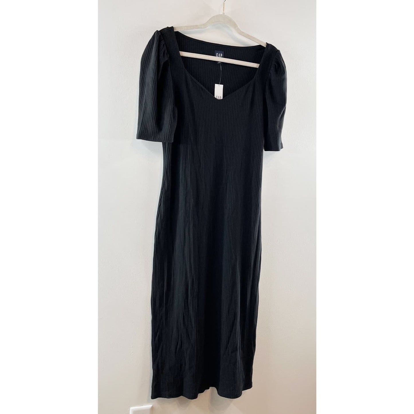 GAP Puff Sleeve Sweetheart Neckline Ribbed Tee Shirt Midi Dress Black Large