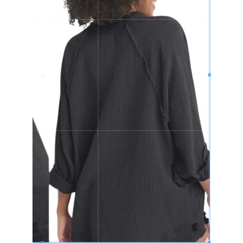 Aerie Crinkled Gauze Long Sleeve Curved Hem Oversized Button-Down Shirt Black S