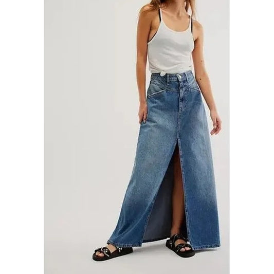 Free People Come As You Are Denim Slit Maxi Skirt Blue 10