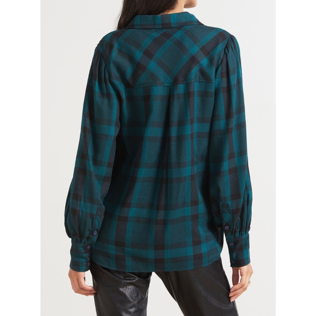 Sanctuary Fireside Boyfriend Button Down Plaid Shirt Teal Green Black Small