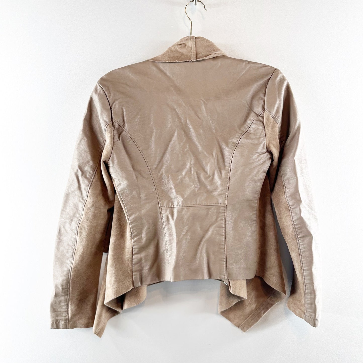 Blank NYC Vegan Suede Leather Waterfall Open Moto Jacket Tan Women's Size XS