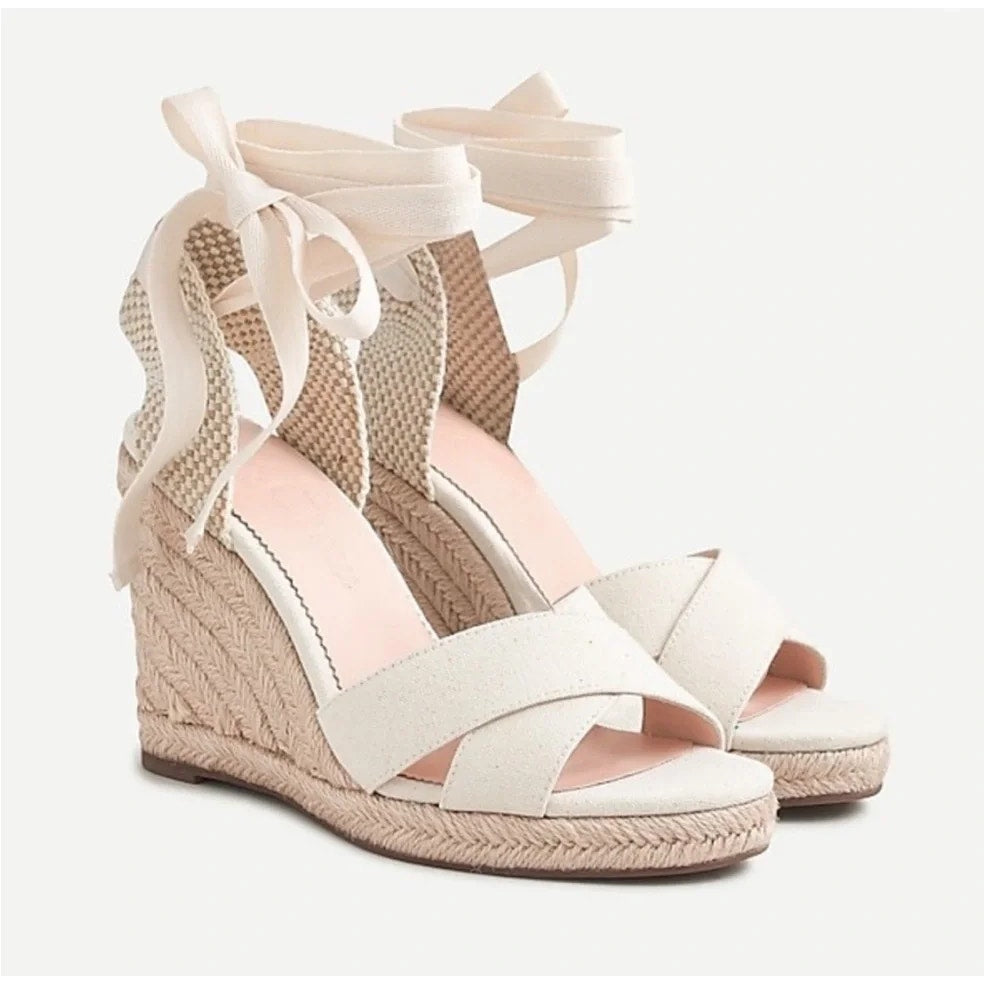 J. Crew Canvas Leather Lace-Up Espadrille Wedge Heel Sandals Cream 9