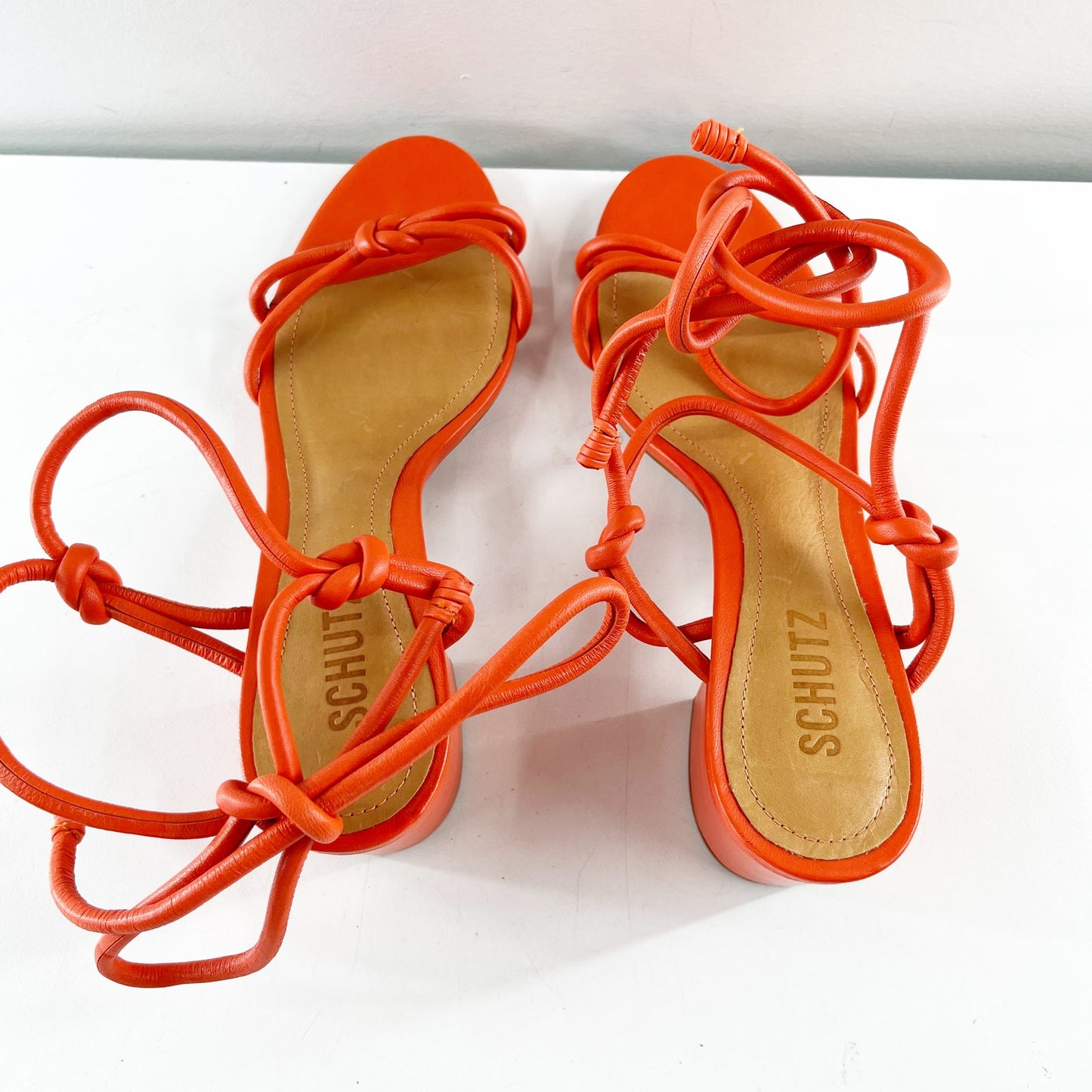 Schutz Nicky Mid Block Heel Ankle Wrap Leather Shoes Sandals Flame Orange 7.5