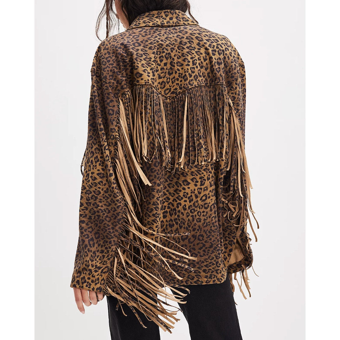 Free People We The Free Fringe Out Vegan Suede Animal Print Jacket Brown XS