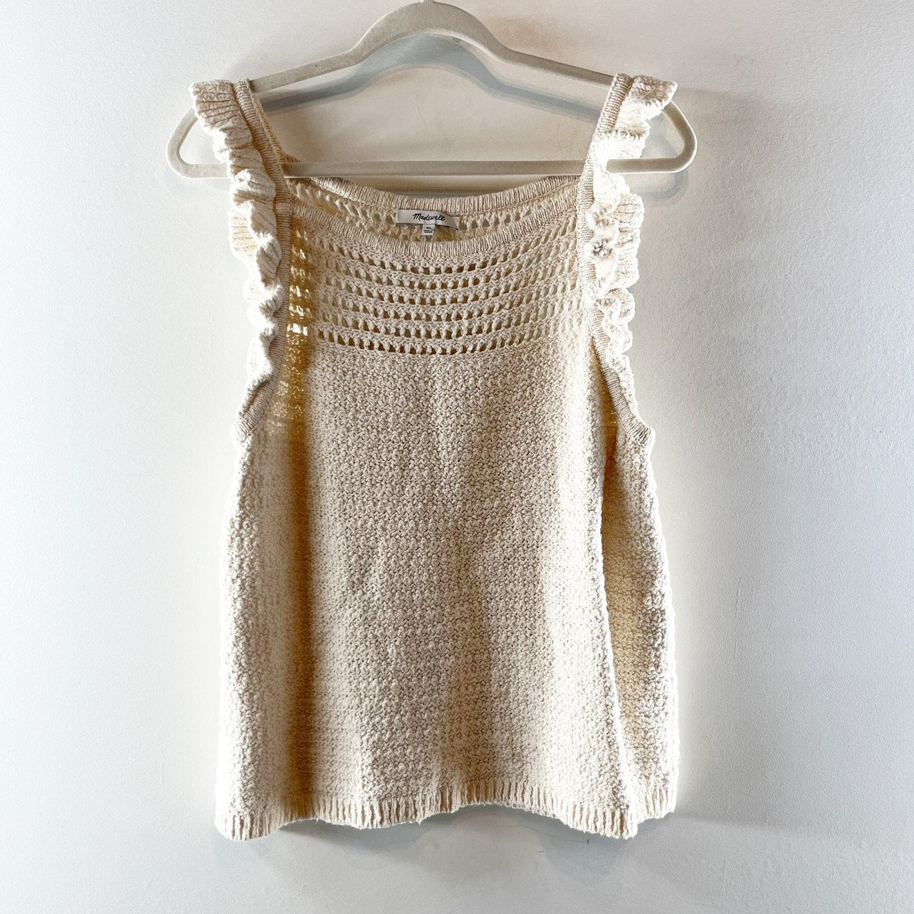 Madewell Sleeeveless Ruffled Strap Crochet Sweater Tank Top Marled Vanilla XL