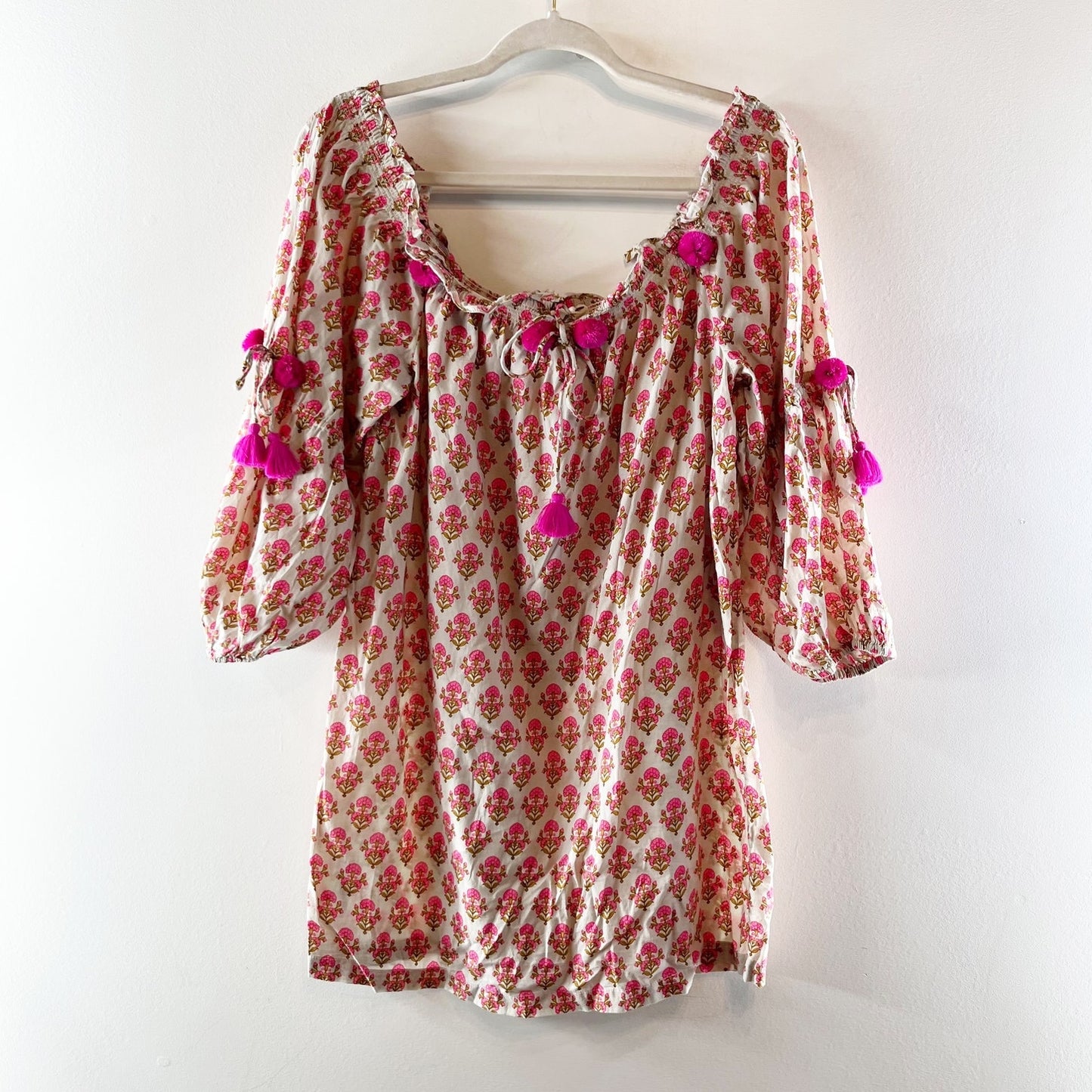 Figue Floral Print Tassel Tie Off the Shoulder Mini Dress White Pink Large