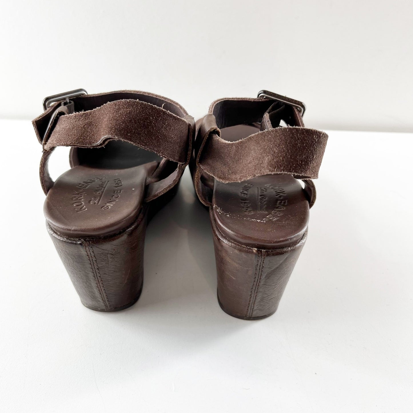 Kork-Ease Leather Ankle Strap Wedge Heel Platform Sandals Dark Chocolate Brown 7