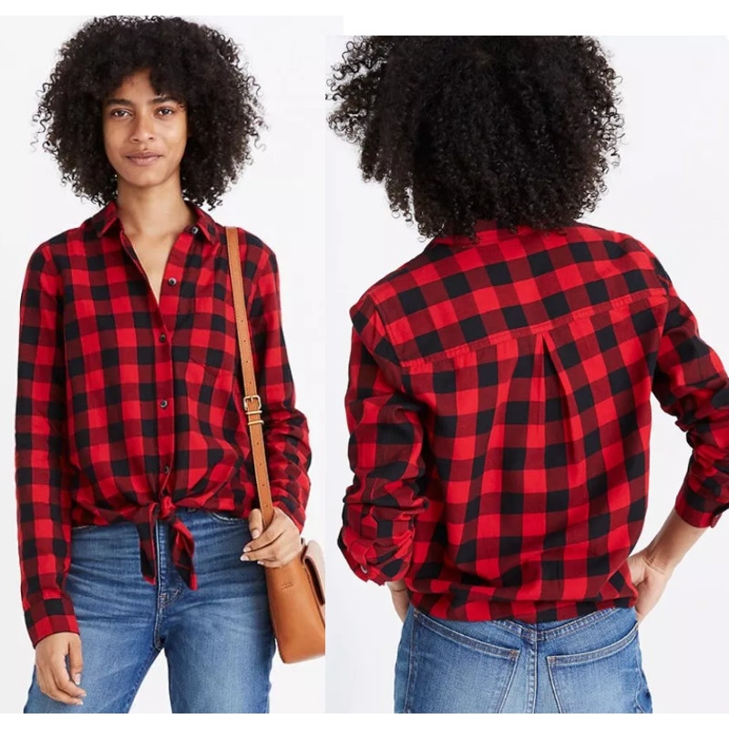 Madewell Buffalo Check Long Sleeve Flannel Tie Front Button-Up Shirt Red/Black M