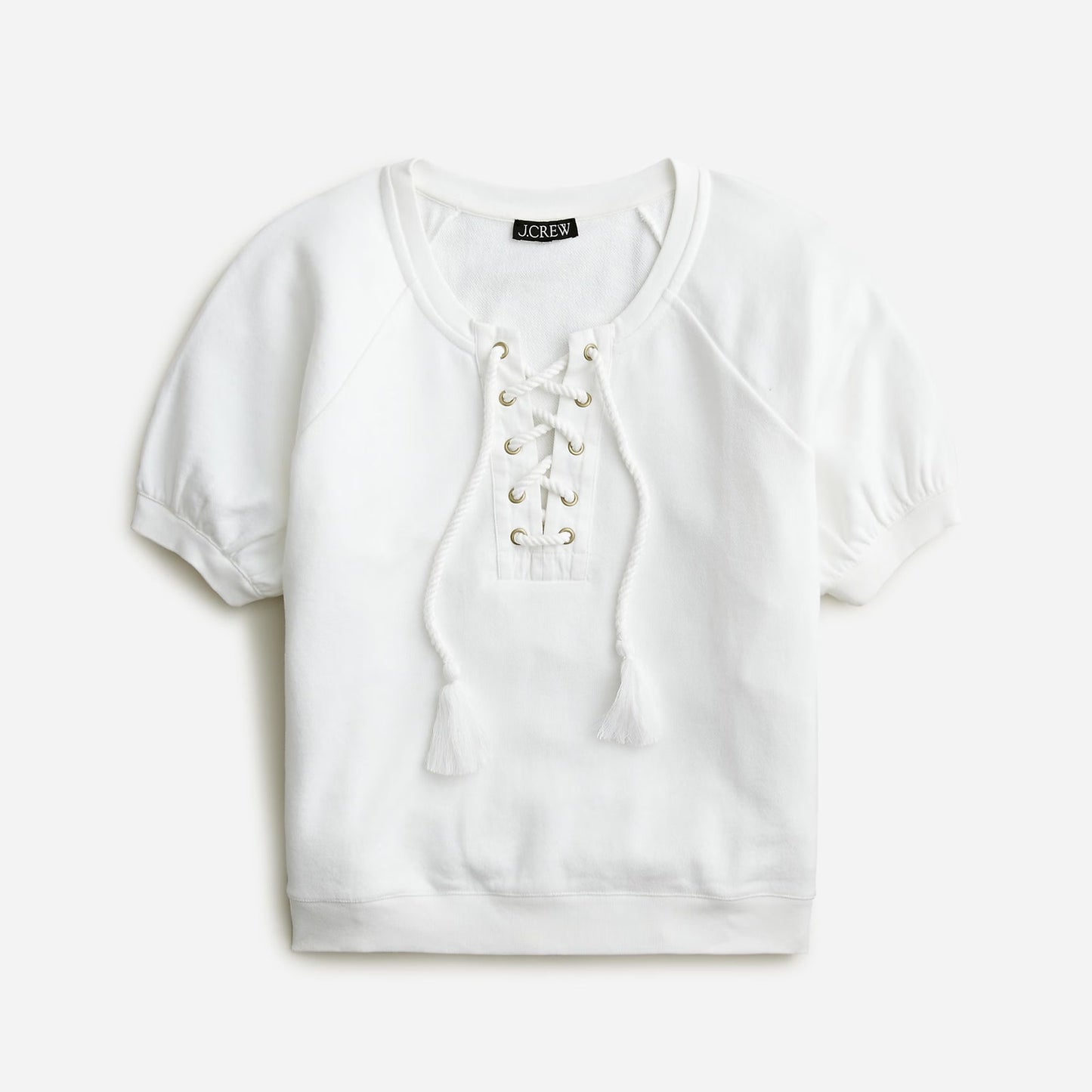 J. Crew University Terry Short-Sleeve Lace-Up Sweatshirt Top White Medium