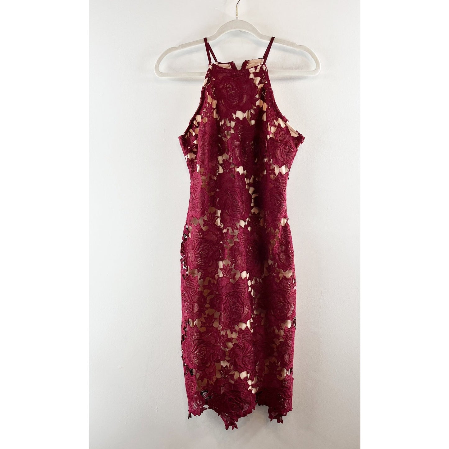 Lulus Floral Lace Sleeveless Fitted Midi Dress Maroon Red Small