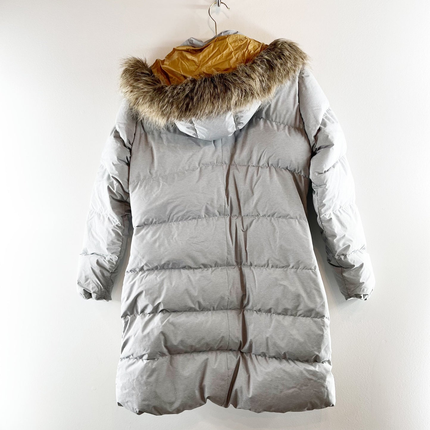 Prana Kromata Down Puffer Coat Jacket with Faux Fur Trim Hood Gray Silver Small