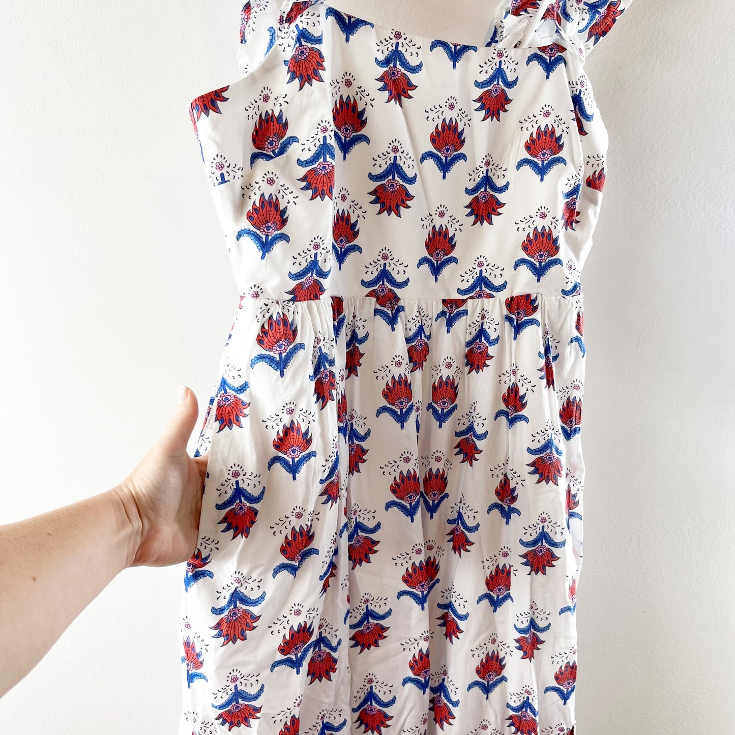 J. Crew Ruffle Strap Floral Print Square Neck Cotton Midi Dress White Red Blue 6