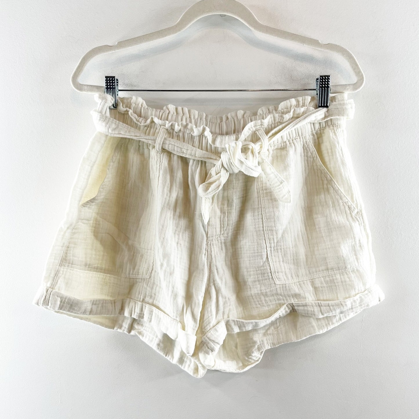 Aerie Gauzy Cotton High Waisted Belted Tie Waist Shorts Cream Large