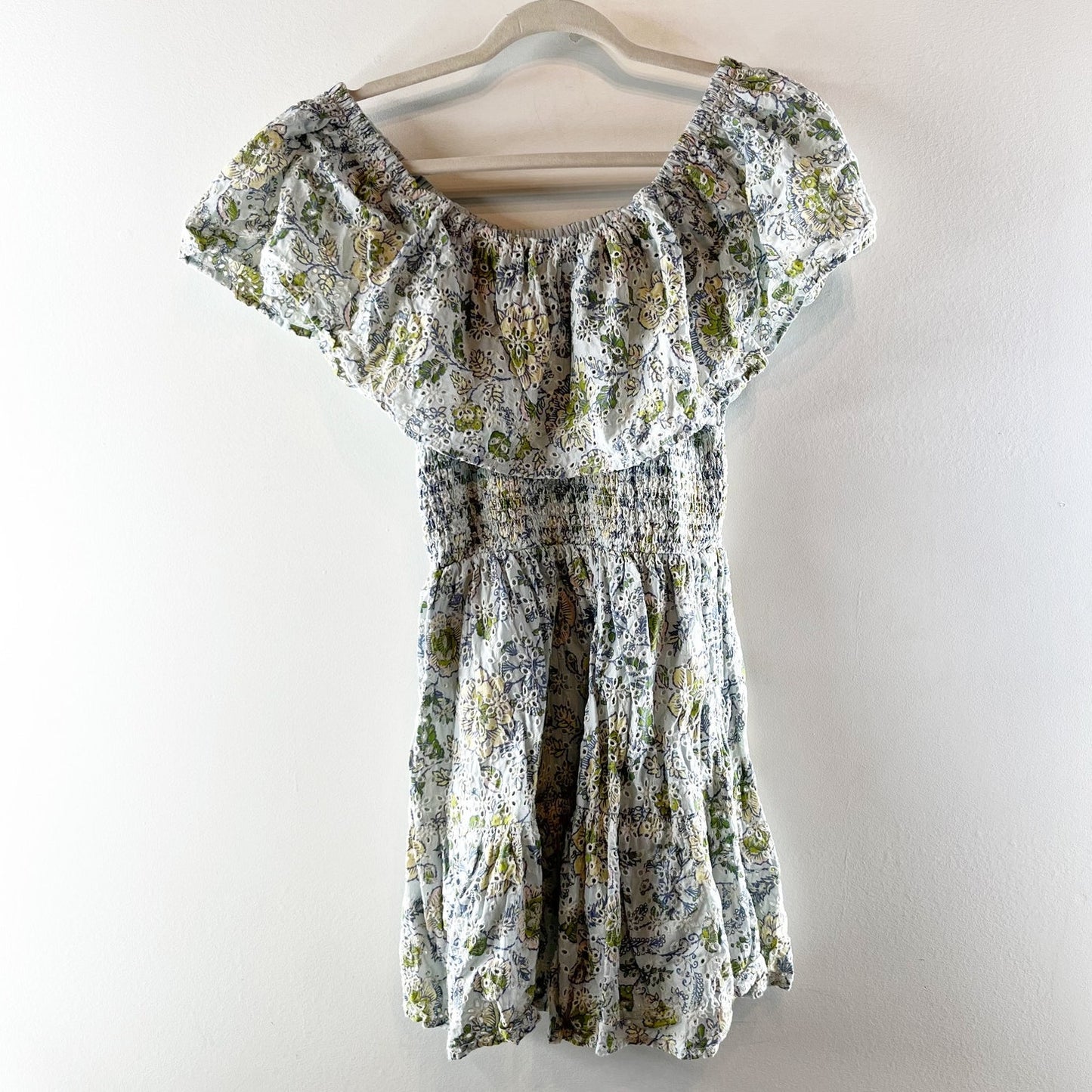 Elan Off The Shoulder Floral Ruffle Smocked Waist Mini Dress Green Medium