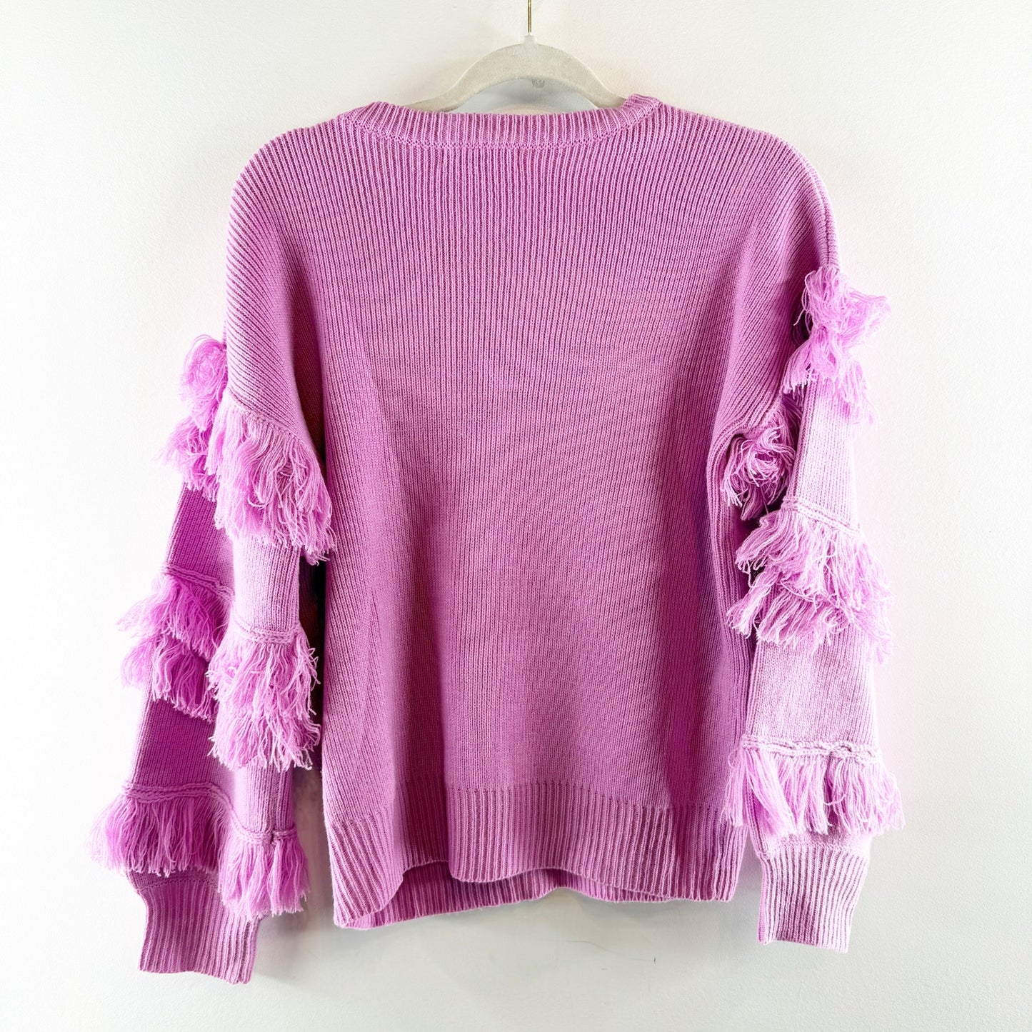 E.ssue Long Sleeve Crewneck Fringe Detail Pullover Sweater Pink Small