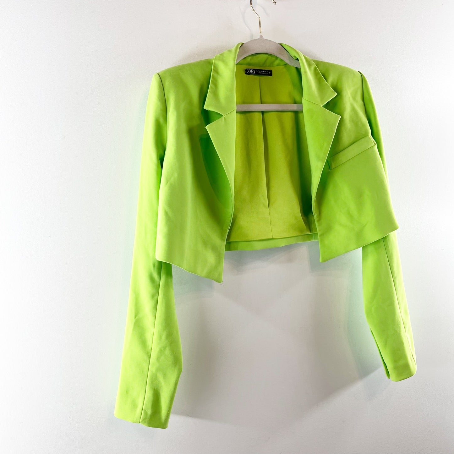 Zara Long Sleeve Notch Lapel Lined Open Front Cropped Blazer Neon Green Medium