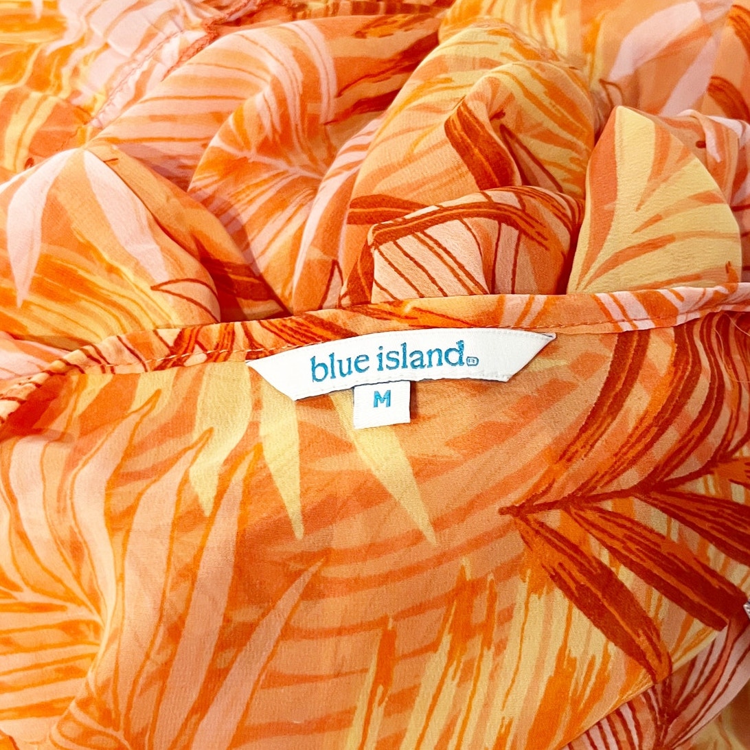 Blue Island Tie Front Tropical Mini Dress Cover Up Orange Medium
