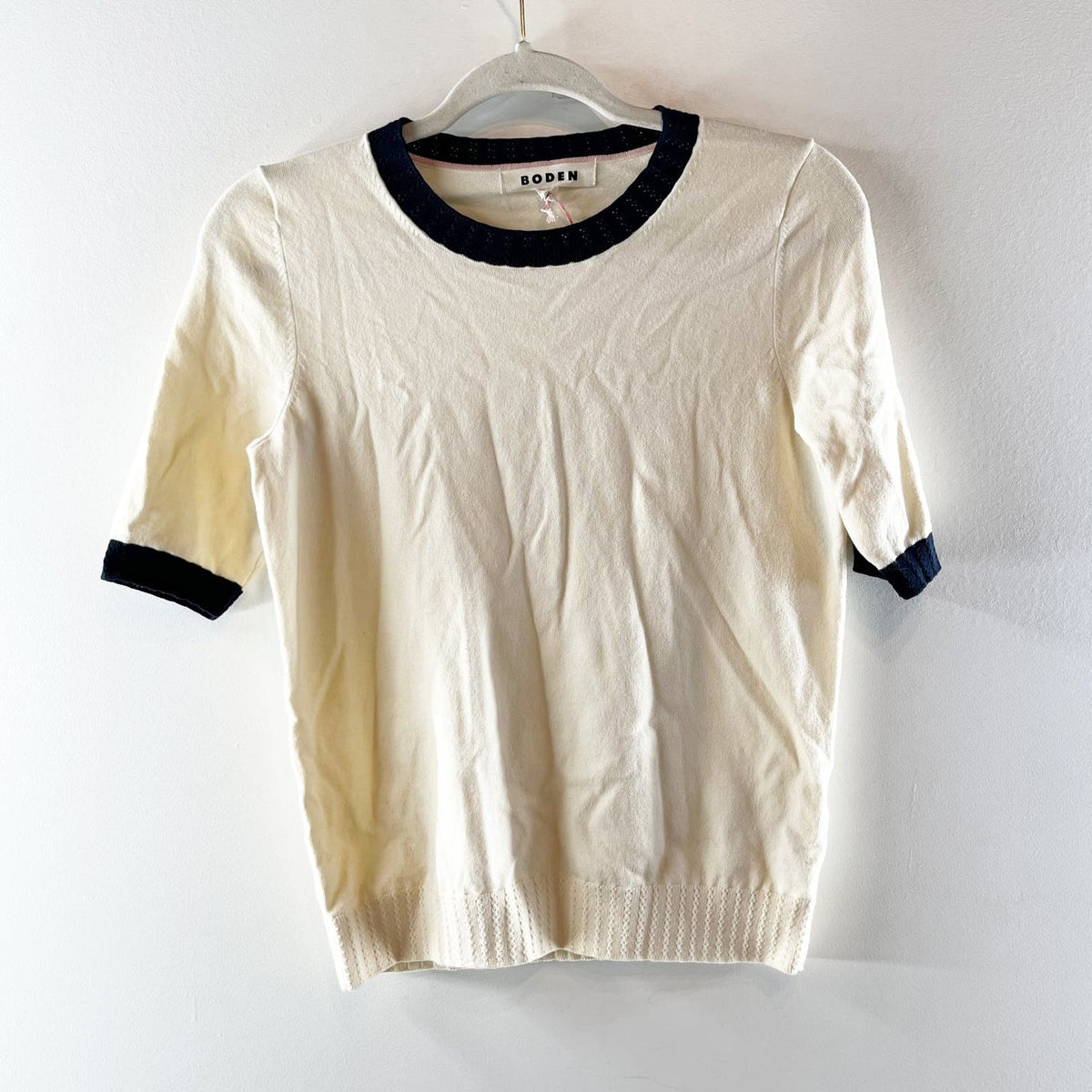 Boden Emilia Cream Blue Ringer Sweater Knit Tee Shirt Top XS