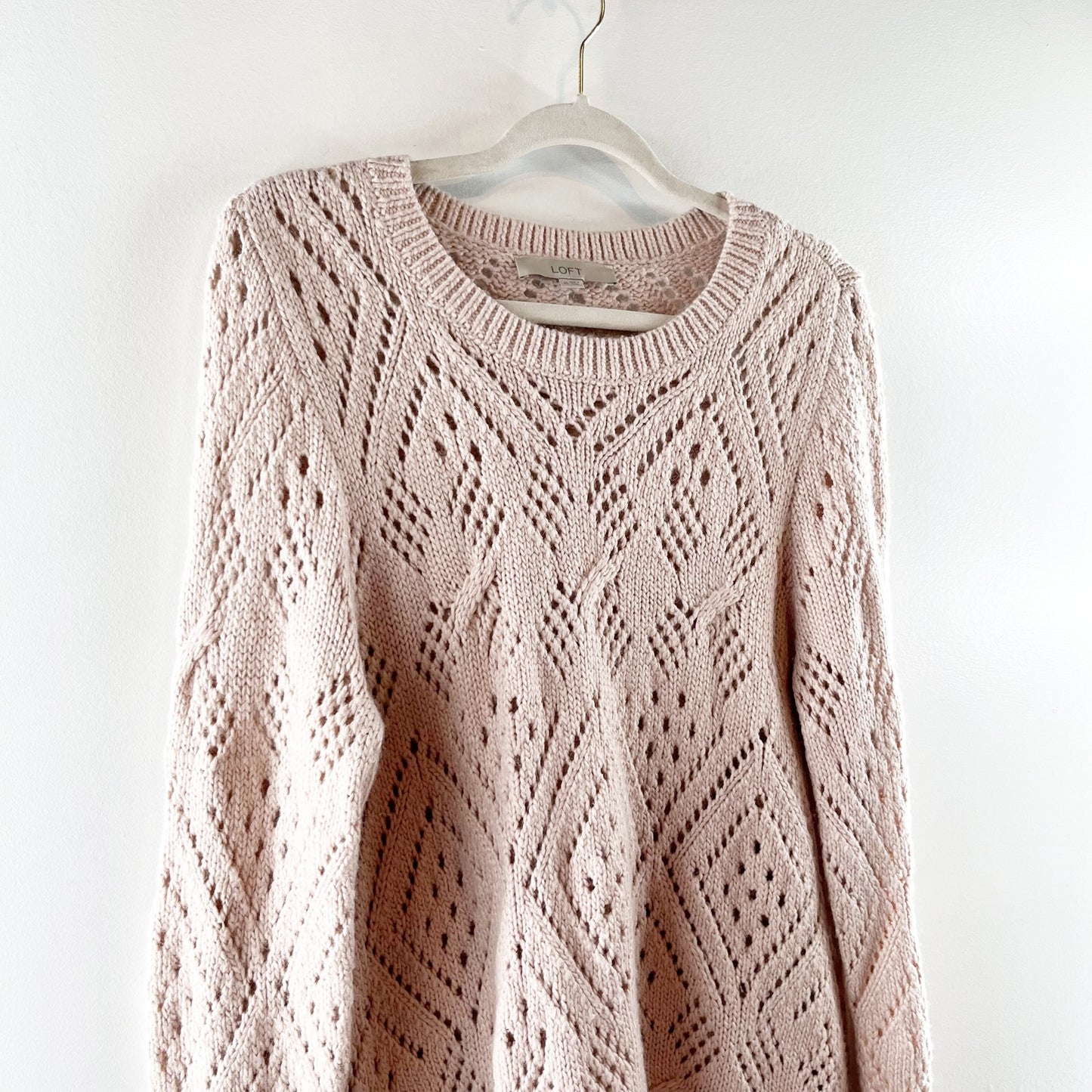 LOFT Pointelle Knit Long Sleeve Crewneck Sweater Pink XL