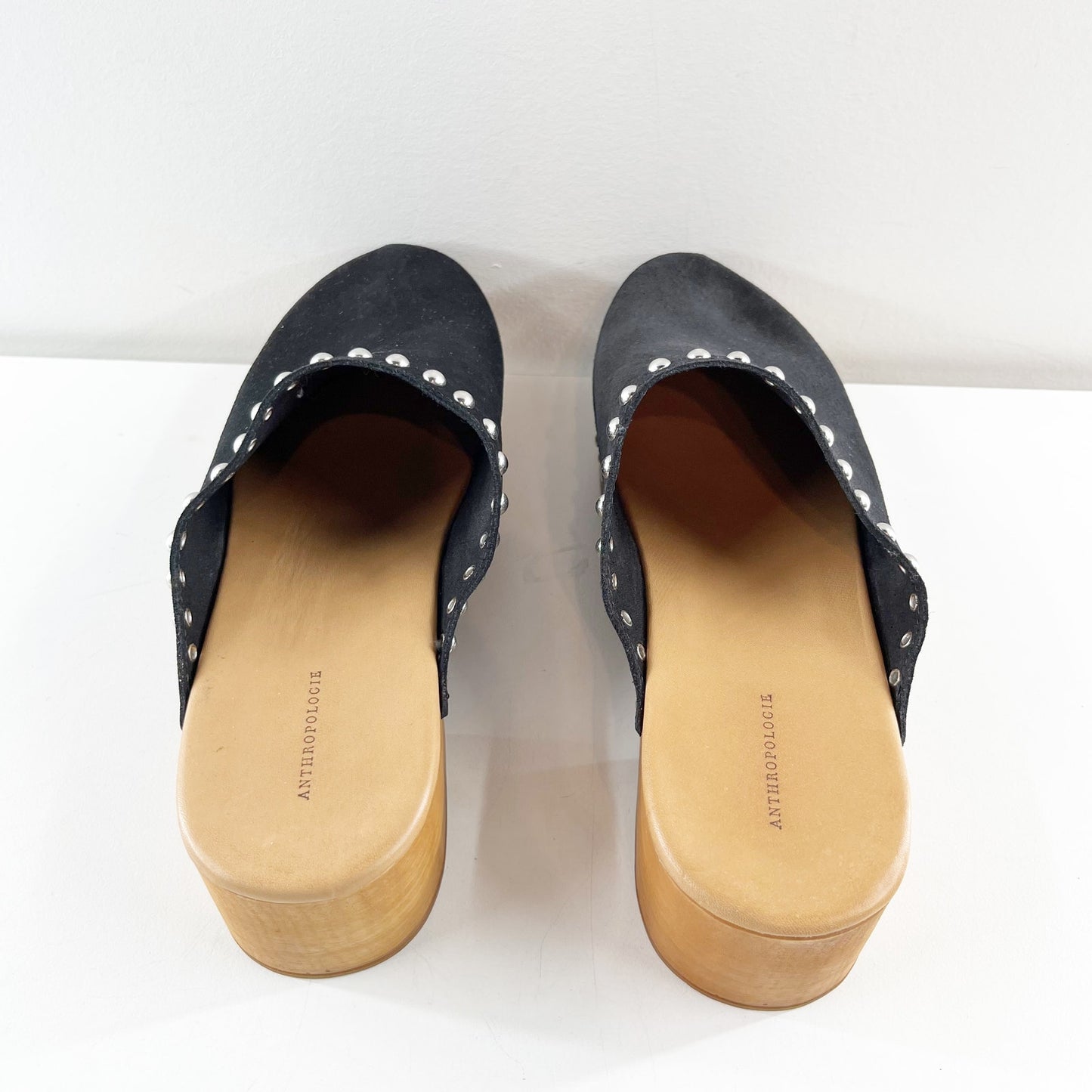 Anthropologie Studded Trim Wood Bottom Clogs Black 40 / US 9.5 / 10
