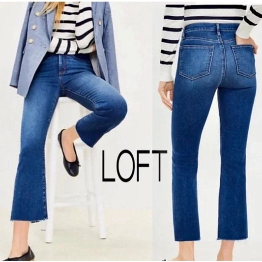 LOFT High Waist Flare Cropped Raw Hem Jeans Blue 2 / 26