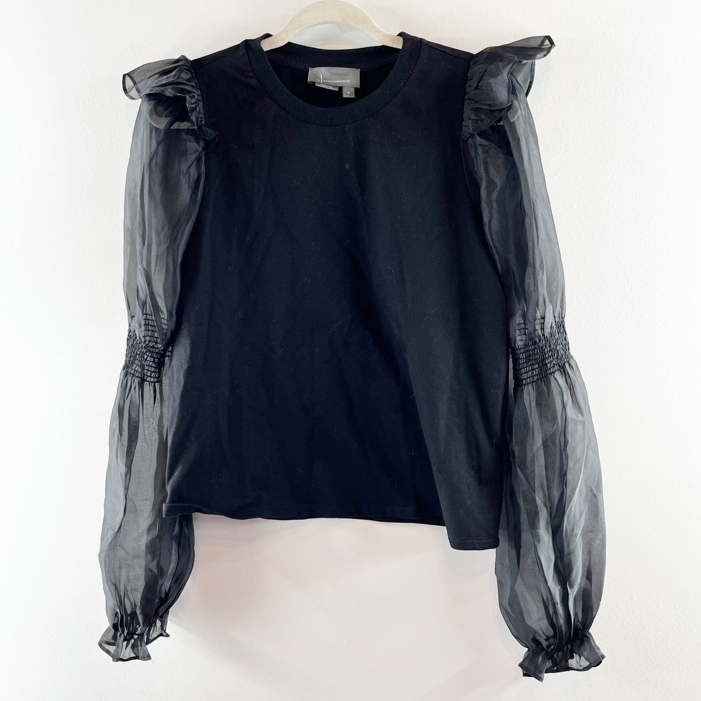 Anthropologie Crewneck Organza Puff Long Sleeve Blouse Top Black Medium