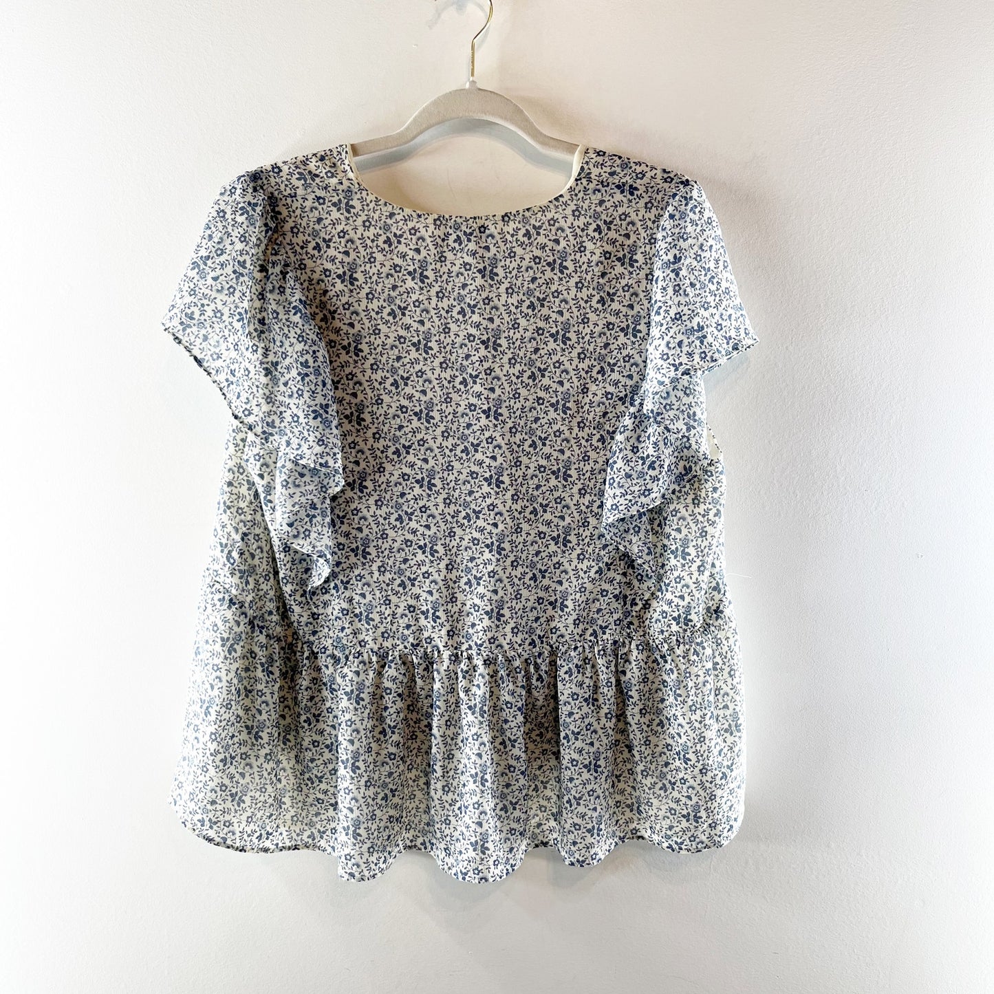 Madewell Georgette Ruffle-Sleeve V-Neck Peplum Blouse Americana Floral XL