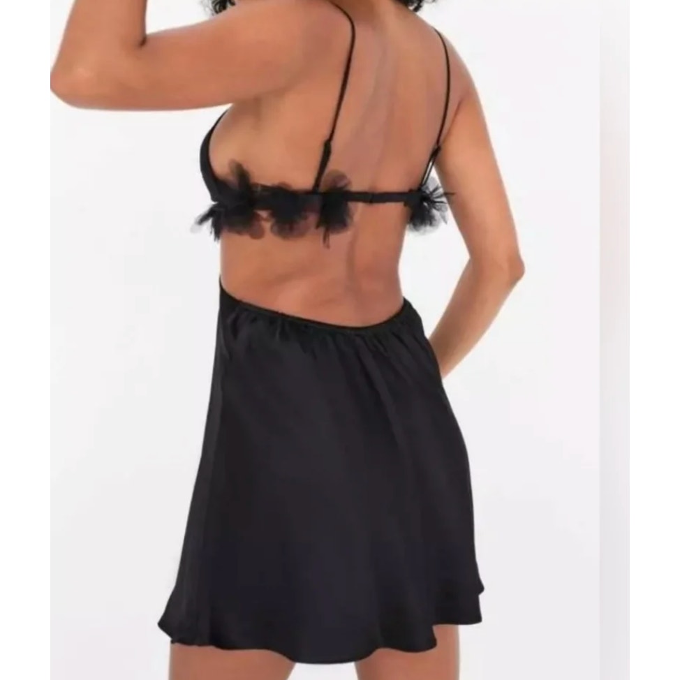 For Love & Lemons Satin Tulle Trim Cutout Mini Slip Dress Black Medium