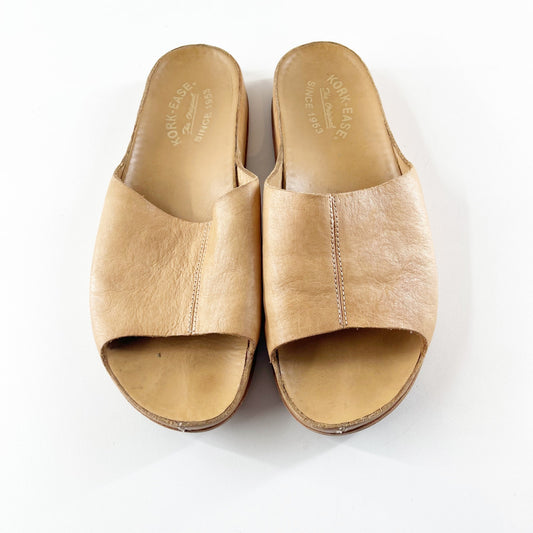 Kork-Ease Leather Slip On Open Toe Slides Natural Beige Tan 9