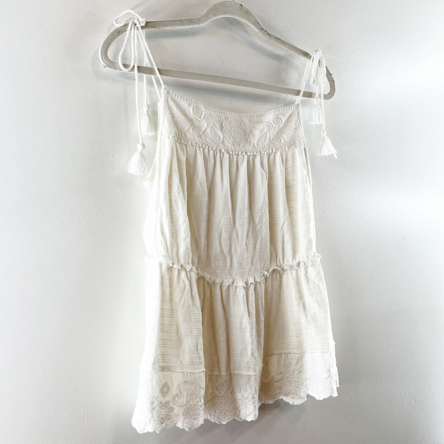 Anthropologie Sleeveless Tie Shoulder Eyelet Tiered Tank Top White Small